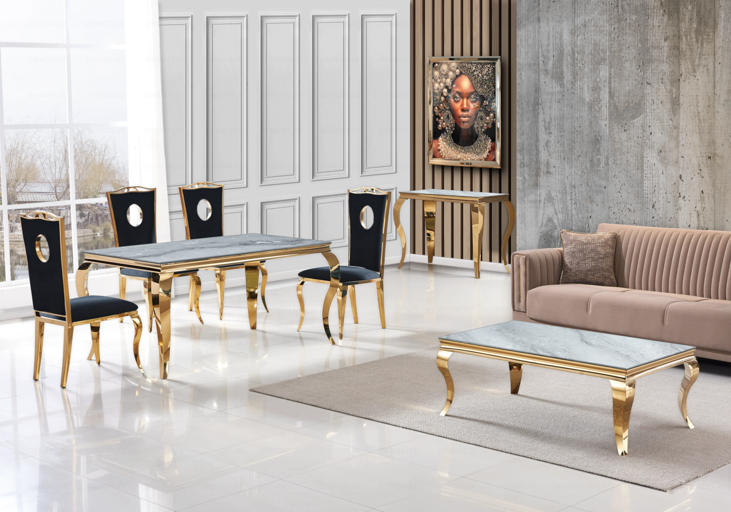 Table marbre gris et chaises velours noir doré – NEO