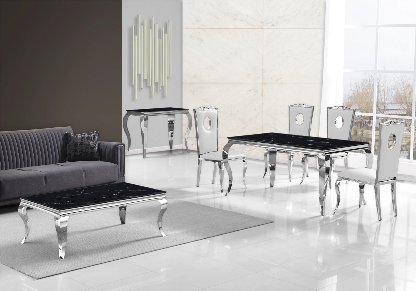 Bout de canapé design marbre noir argent – Neo