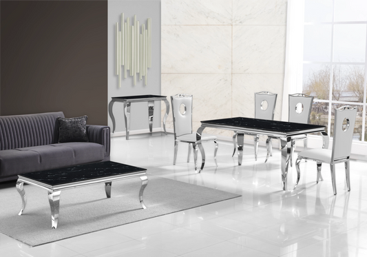 Table marbre noir et chaises simili-cuir blanc argent – NEO