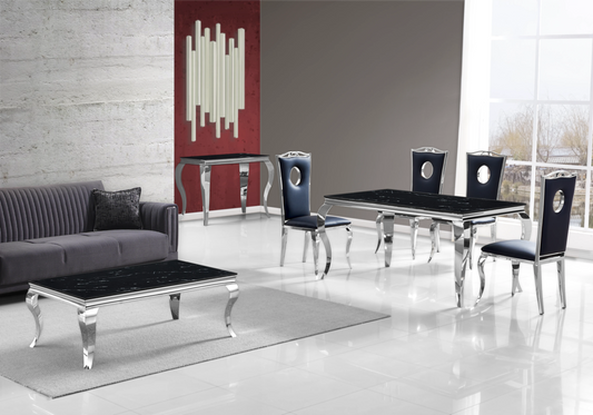 Table marbre noir et chaises simili-cuir noir argent – NEO