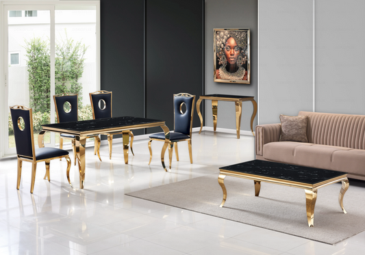 Salle à manger marbre noir chaises simili-cuir noir doré - NEO