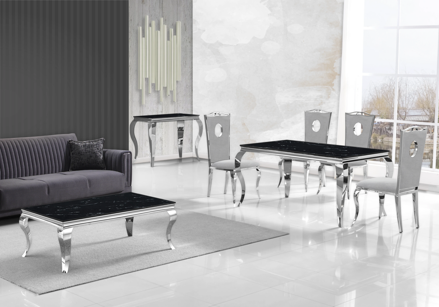 Meuble TV marbre noir design argent – Neo