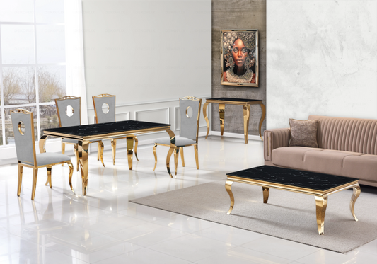 Salle à manger marbre noir chaises velours gris doré - NEO