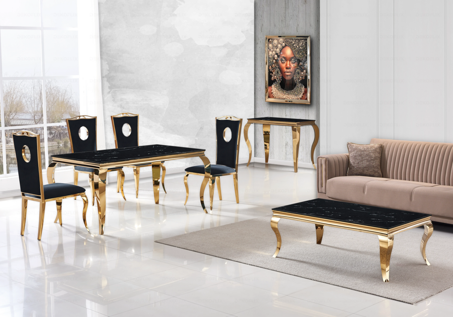 Table marbre noir et chaises velours noir doré - NEO