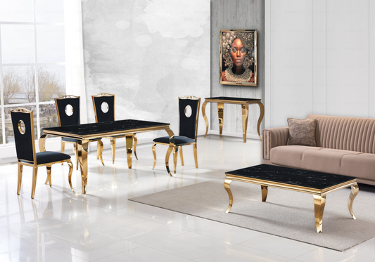 Salle à manger marbre noir chaises velours noir doré - NEO