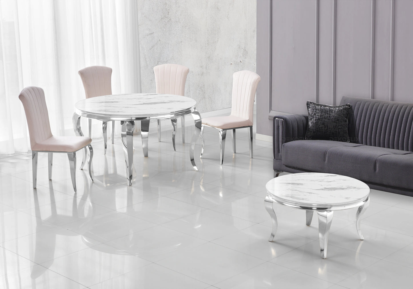 Table à manger ronde marbre blanc pieds argent – Neo