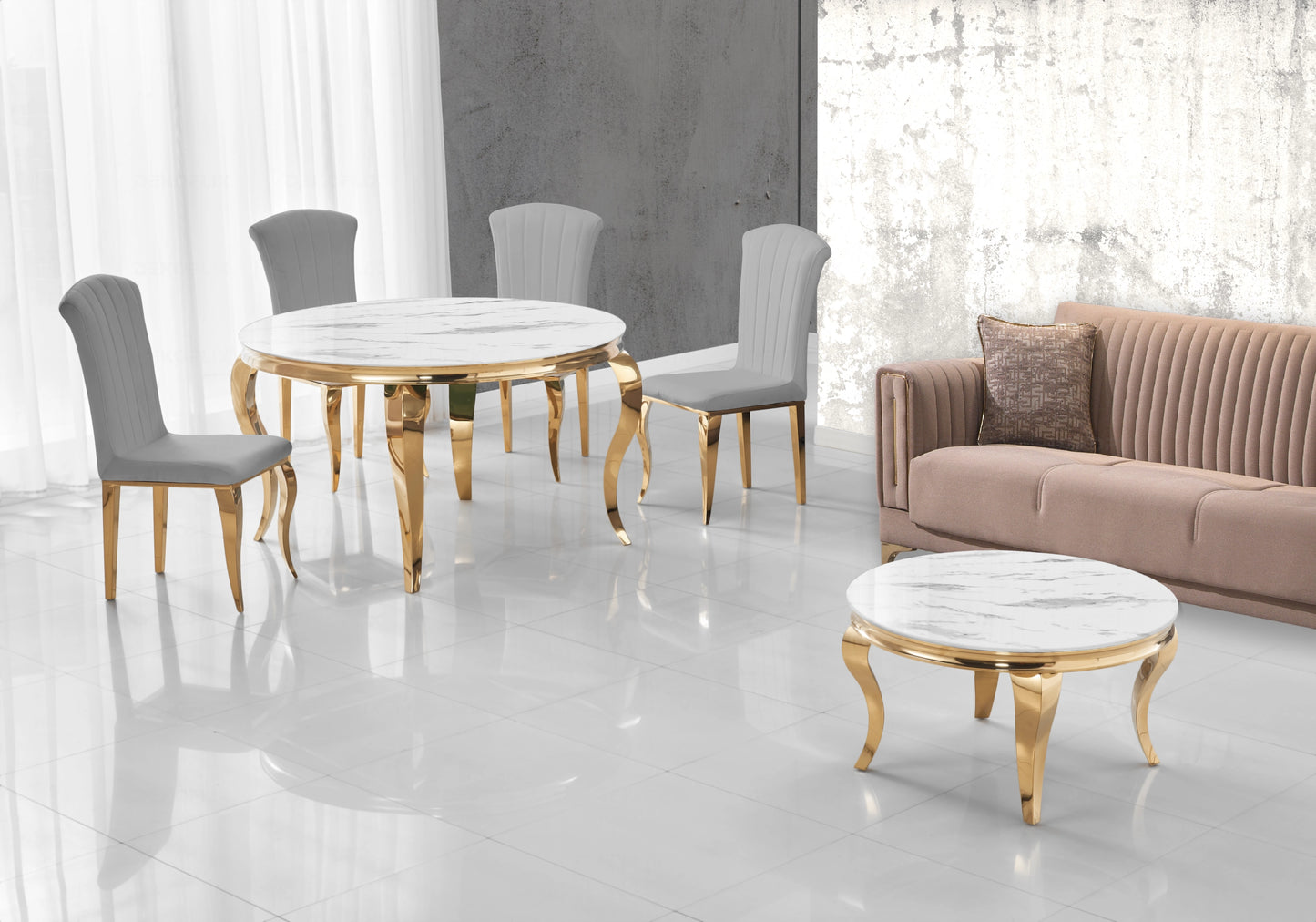 Table ronde marbre blanc et chaises ardoise dorée – NEO