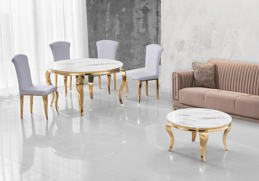 Ensemble salle à manger ronde marbre blanc et or – Neo