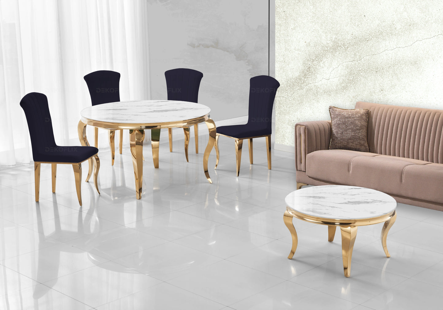 Table ronde marbre blanc et chaises noir dorée – NEO