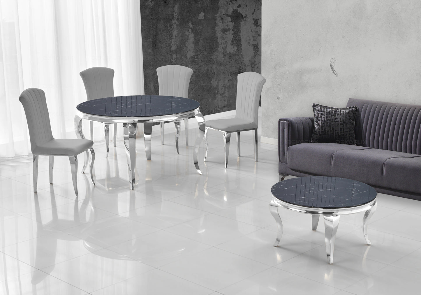 Chaises en velours ardoise pieds argentés – NOVA (lot de 6)