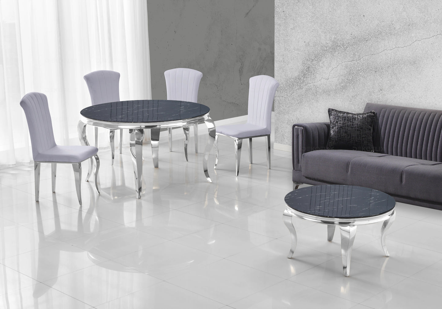 Salle à manger ronde marbre noir pieds argentés chaises gris – NEO