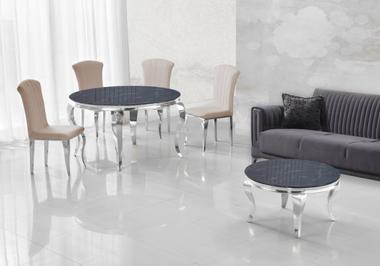 Salle à manger ronde marbre noir pieds argentés chaises taupe – NEO
