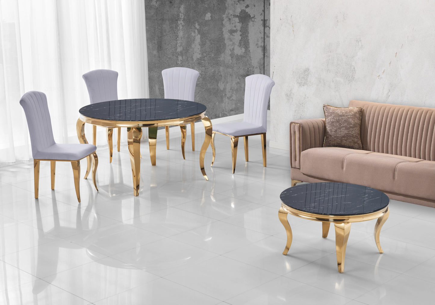 Table ronde marbre noir et chaises gris dorée – NEO