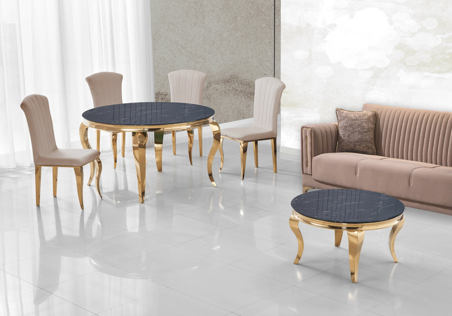 Table ronde marbre noir et chaises taupe dorée – NEO