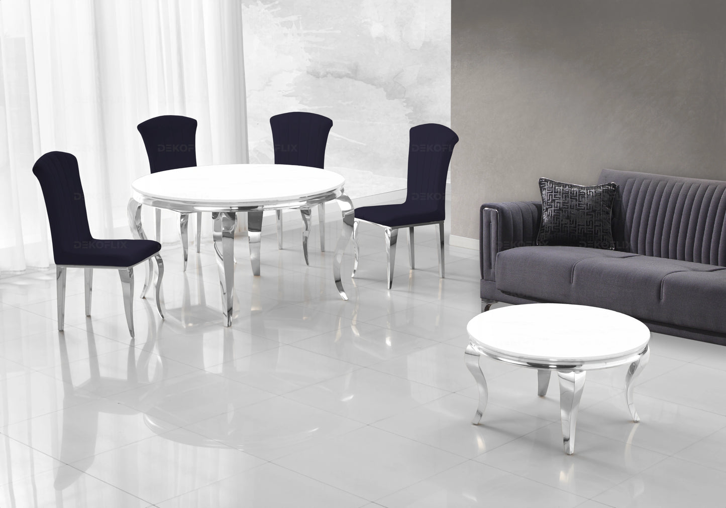 Table basse ronde verre blanc pieds argentés – NEO