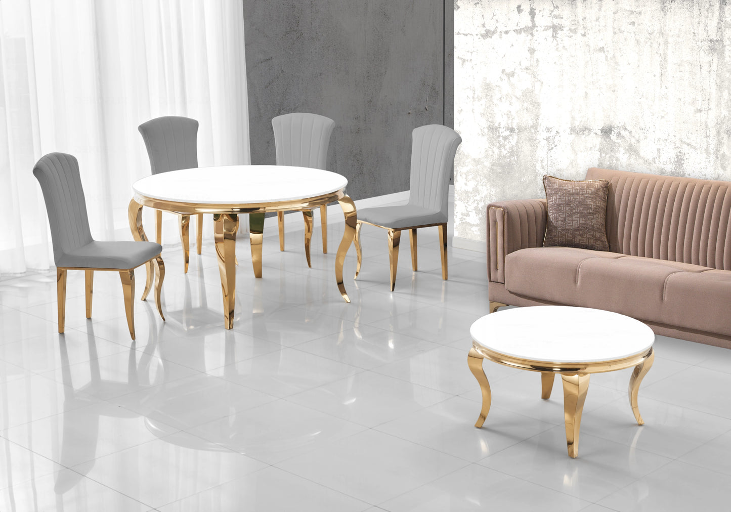 Table ronde verre blanc et chaises ardoise dorée – NEO