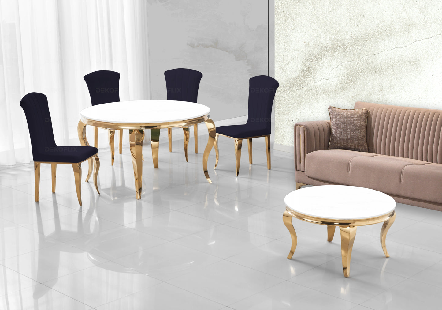 Salle à manger ronde verre blanc pieds dorés chaises noir – NEO
