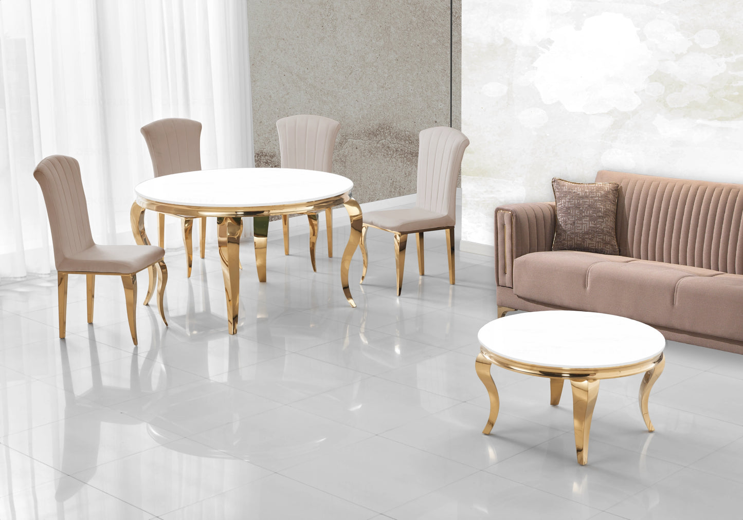 Table ronde verre blanc et chaises taupe dorée – NEO