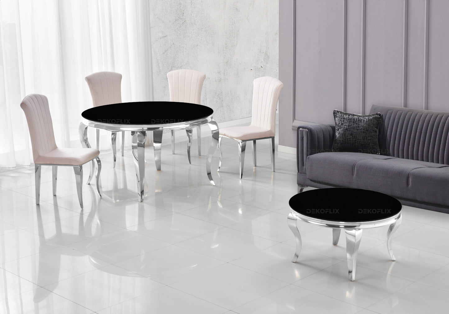 Table ronde verre noir et chaises beige argentés – NEO