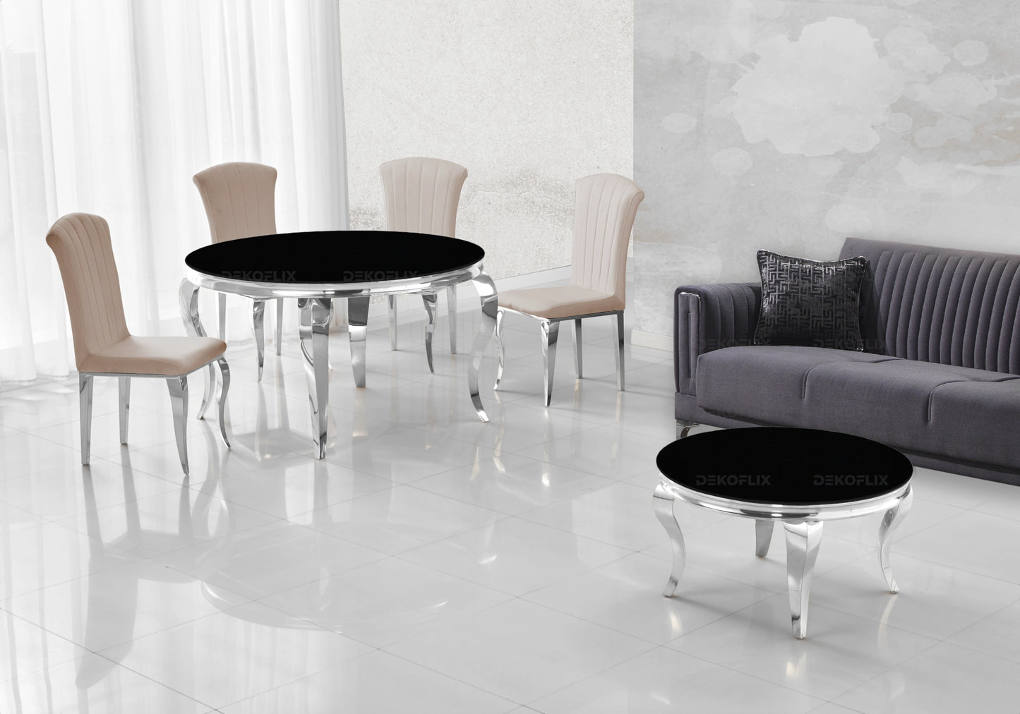 Table ronde verre noir et chaises taupe argentés – NEO