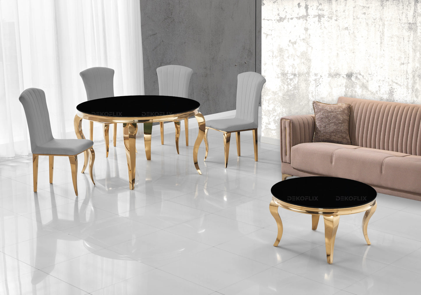 Table ronde verre noir et chaises ardoise dorée – NEO