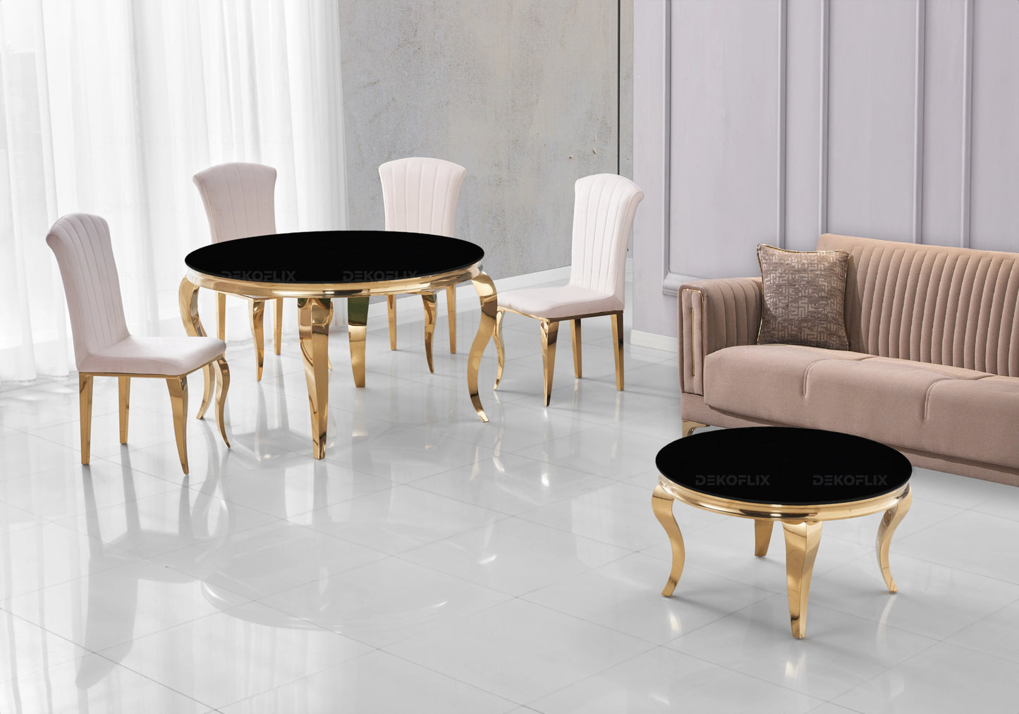 Table ronde verre noir et chaises beige dorée – NEO