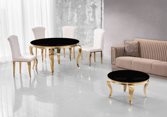 Salle à manger ronde verre noir pieds dorés chaises écru – NEO