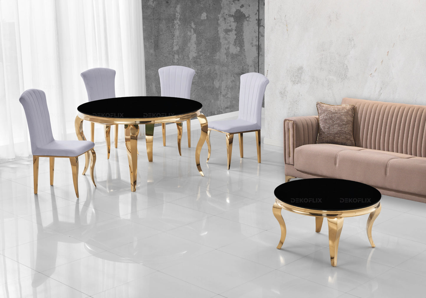 Table ronde verre noir et chaises gris dorée – NEO