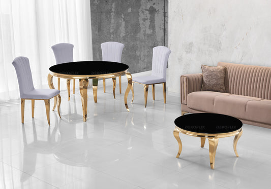 Salle à manger ronde verre noir pieds dorés chaises gris – NEO
