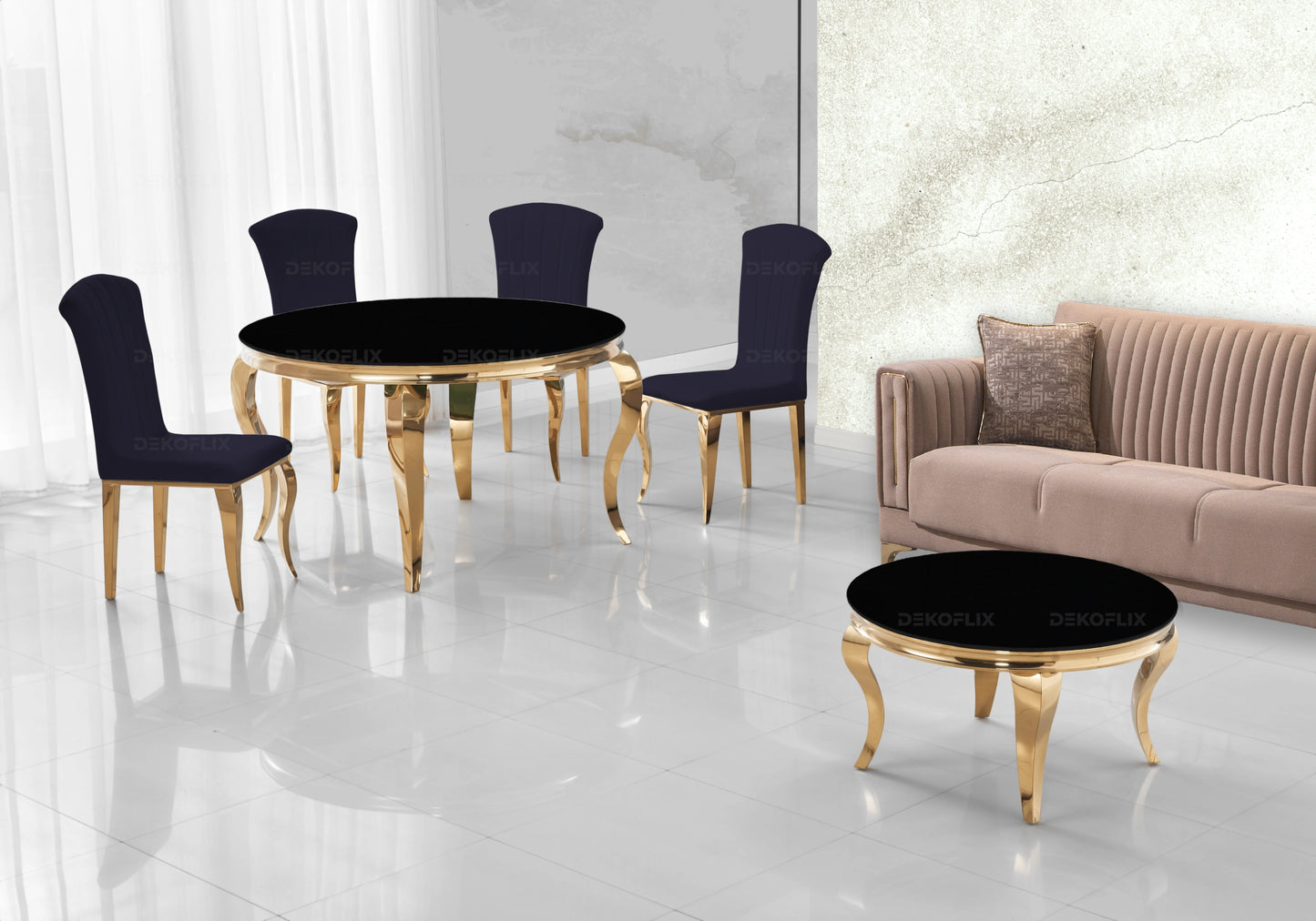Table ronde verre noir et chaises noir dorée – NEO