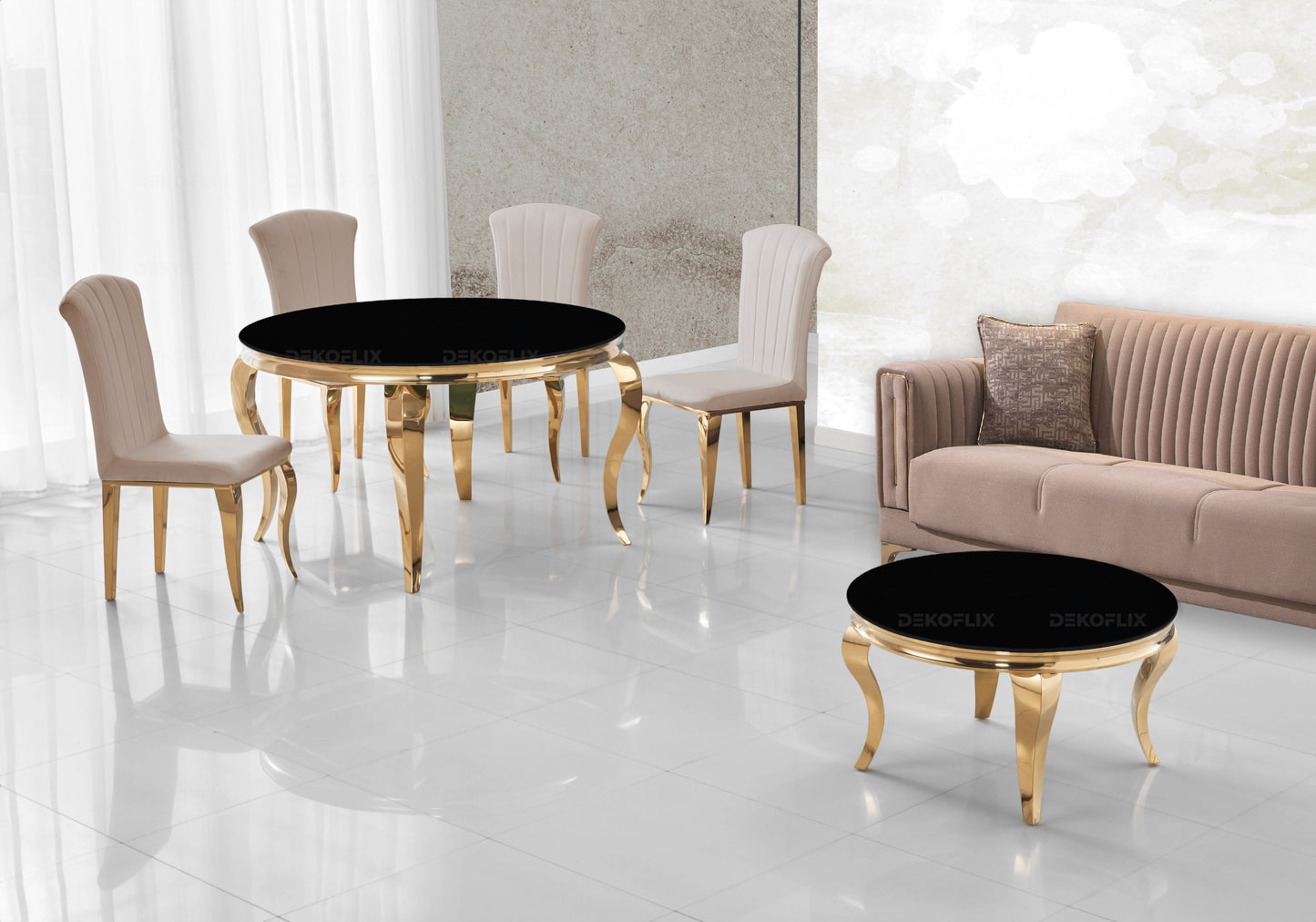 Table ronde verre noir et chaises taupe dorée – NEO