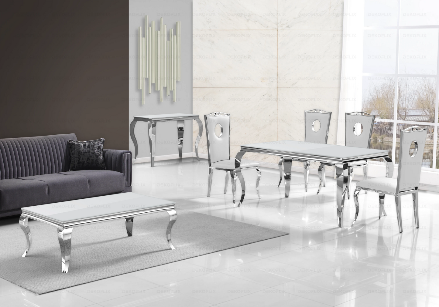 Ensemble table verre blanc et 4 chaises argent – Neo