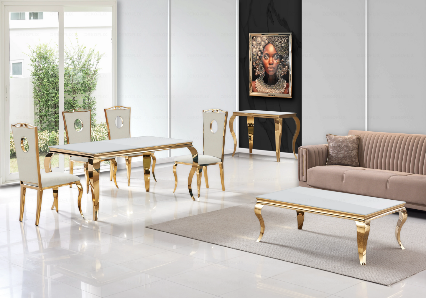 Table verre blanc et chaises velours beige doré – NEO