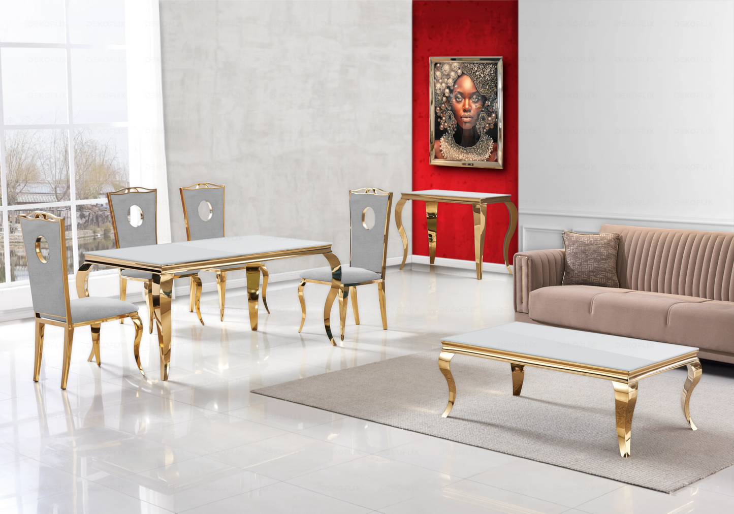 Table verre blanc et chaises velours gris doré – NEO