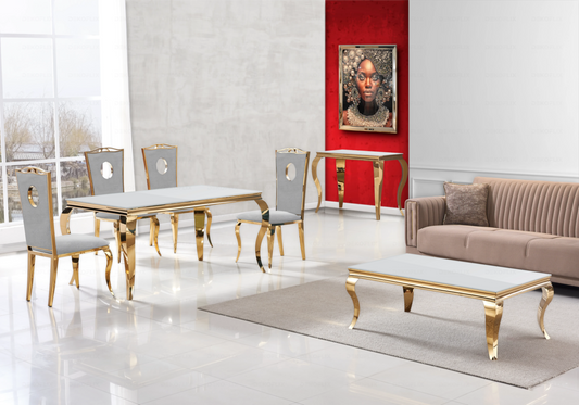 Table verre blanc et chaises velours gris doré – NEO