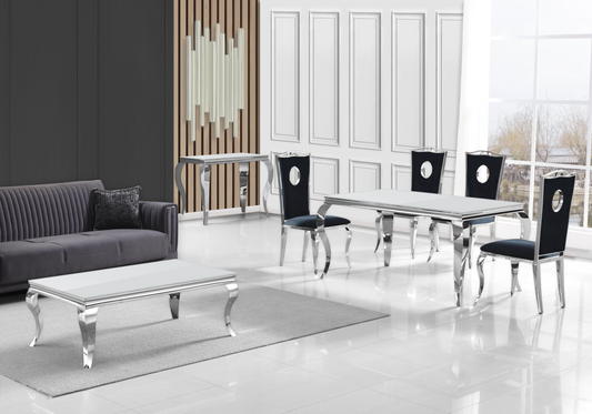 Table verre blanc et chaises velours noir argent – NEO