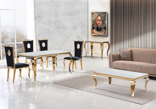 Salle à manger verre blanc chaises velours noir doré - NEO