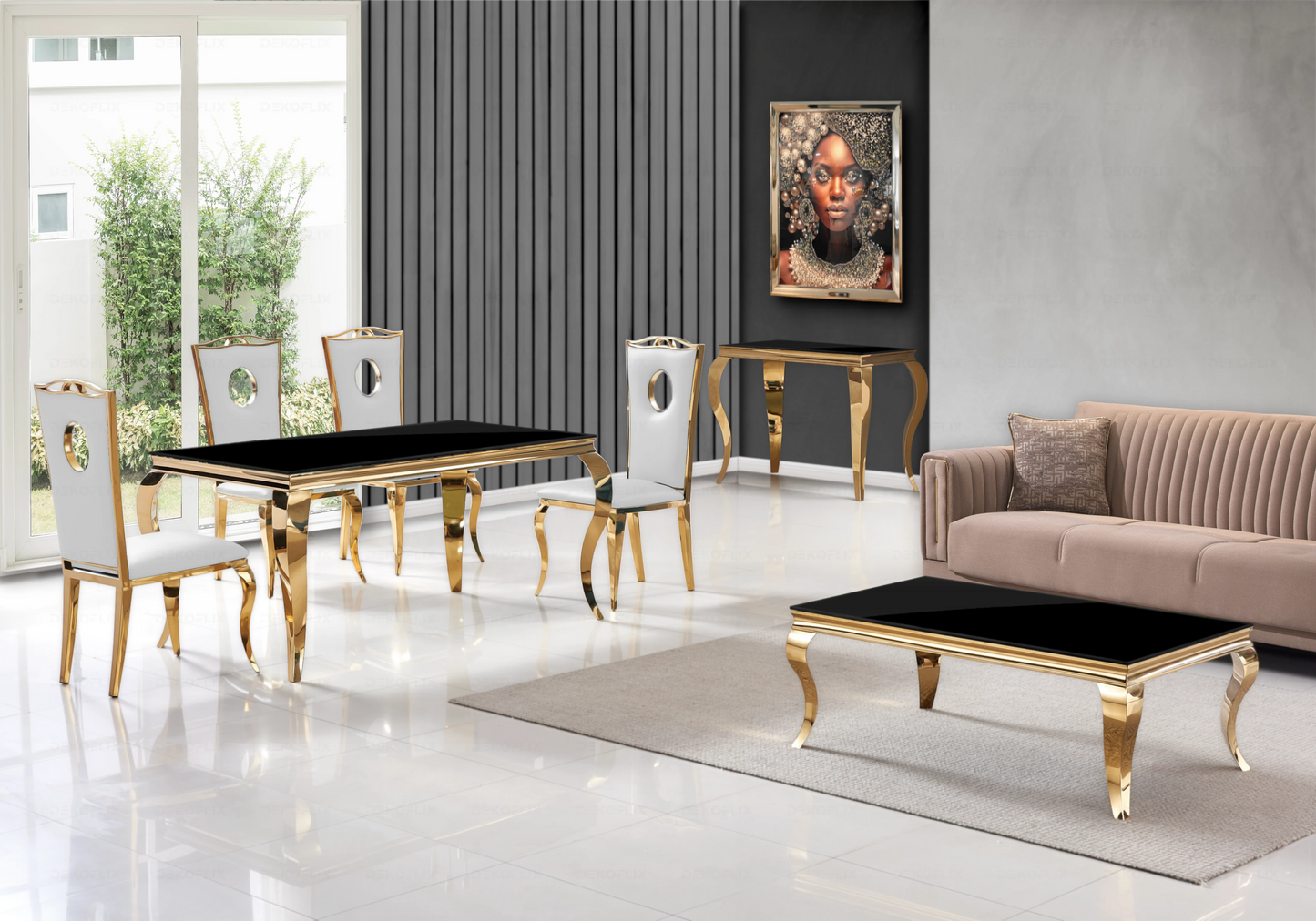 Table verre noir et chaises simili-cuir blanc doré – NEO