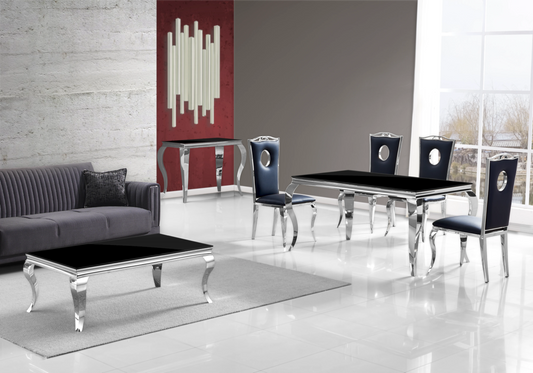 Table verre noir et chaises simili-cuir noir argent – NEO