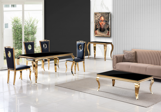 Salle à manger verre noir chaises simili-cuir noir doré - NEO