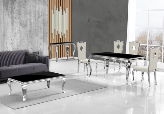 Table verre noir et chaises velours beige argent – NEO