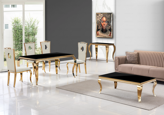 Salle à manger verre noir chaises velours beige doré - NEO