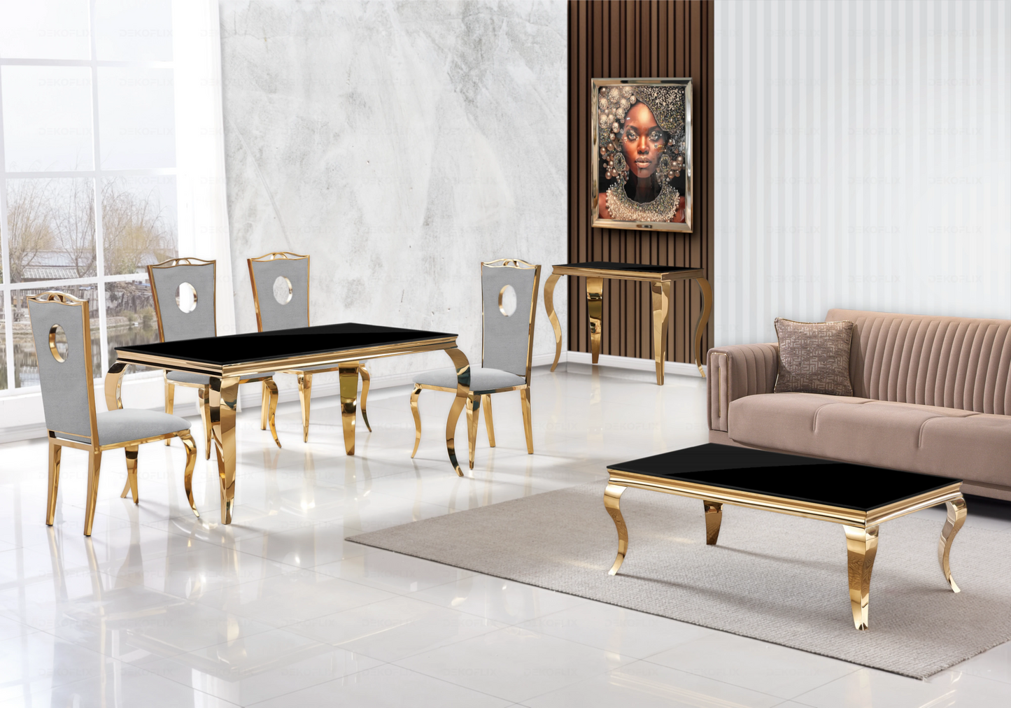 Table verre noir et chaises velours gris doré – NEO