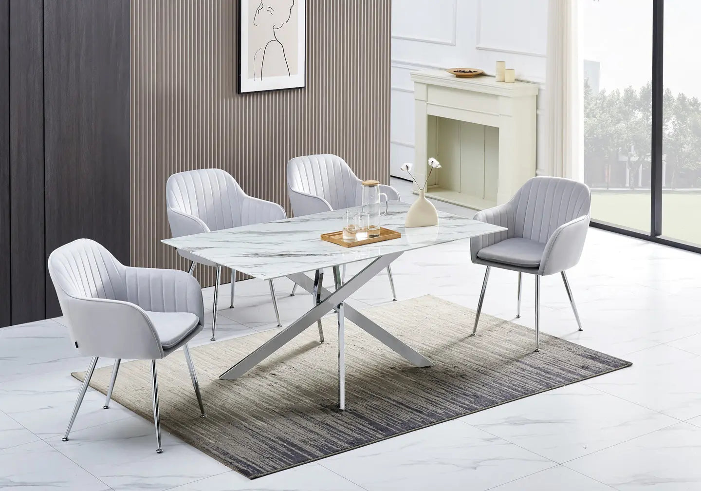 Table à manger argentée marbre blanc JOY New Design