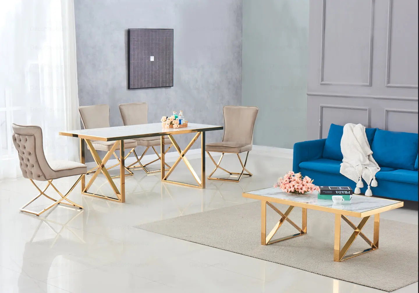 Table à manger dorée marbre blanc CLARA New Design