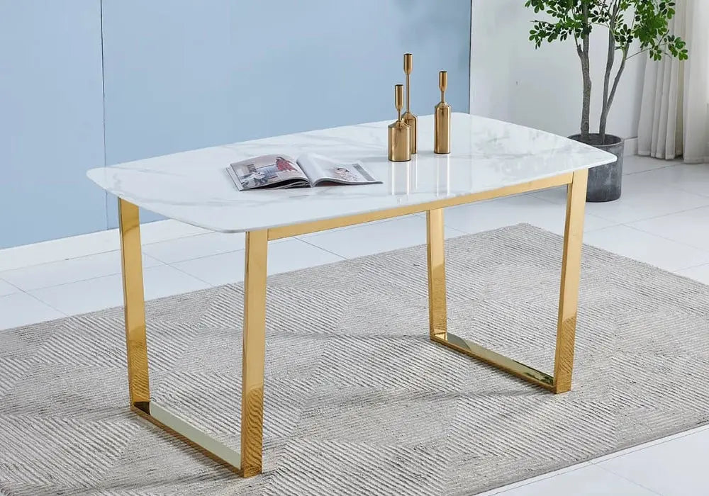 Table à manger dorée marbre blanc LYLY - DEKOFLIX