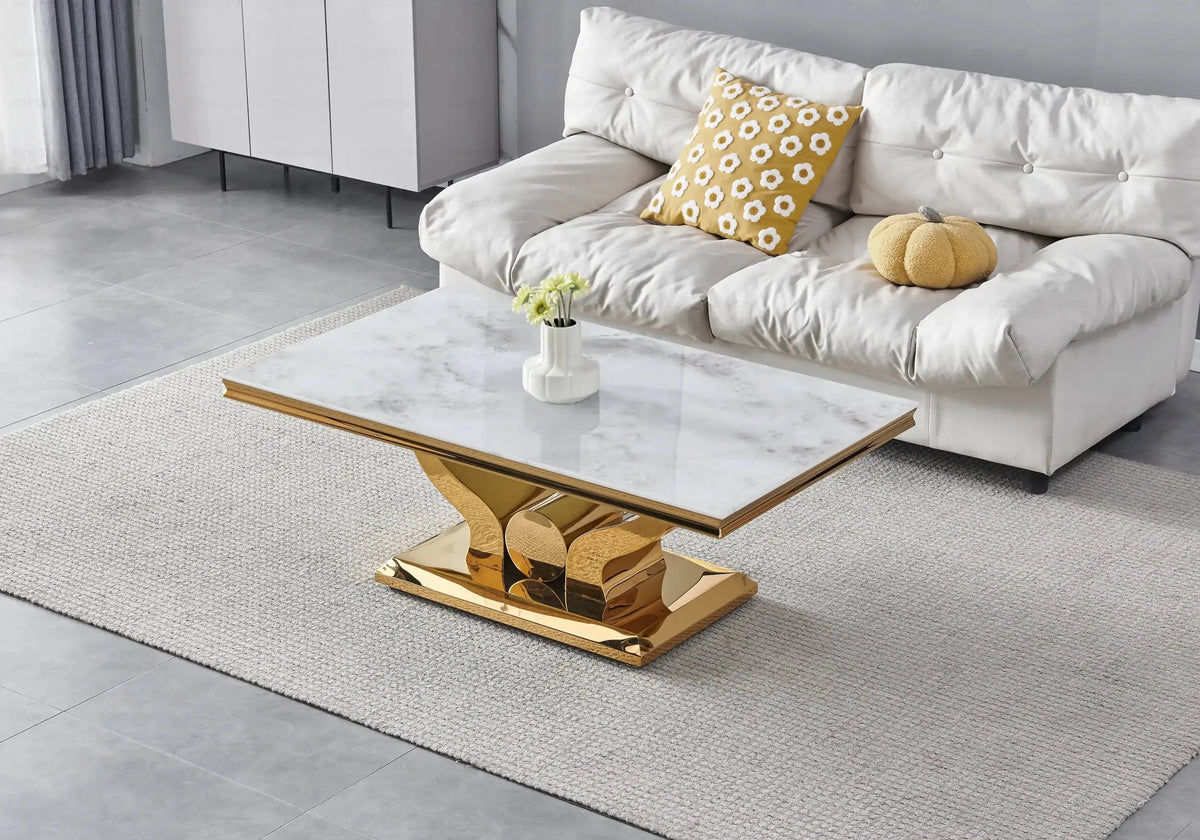 Table basse marbre beige pieds métal doré NEA New Design