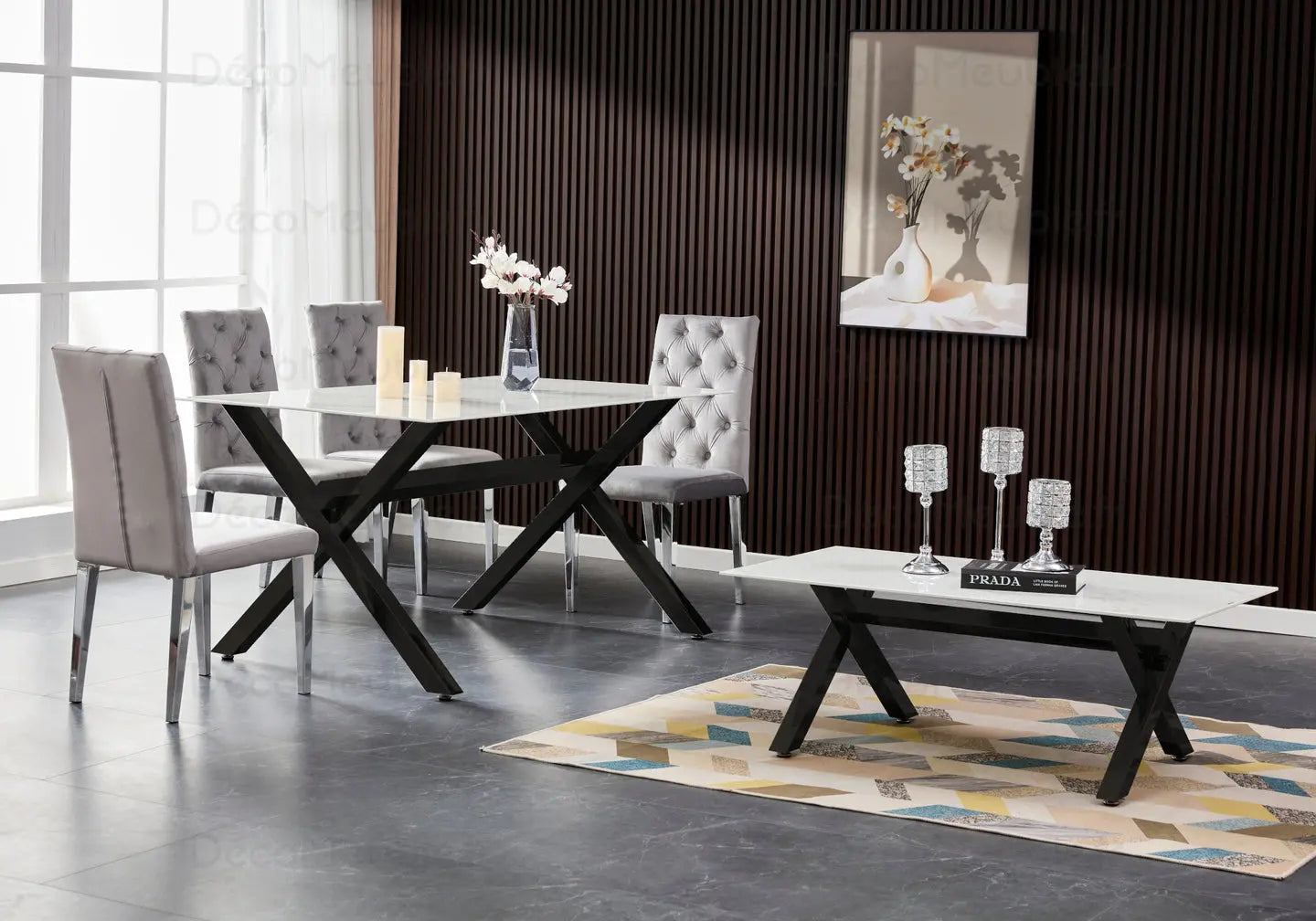 Table basse marbre blanc pied noir CROSS New Design