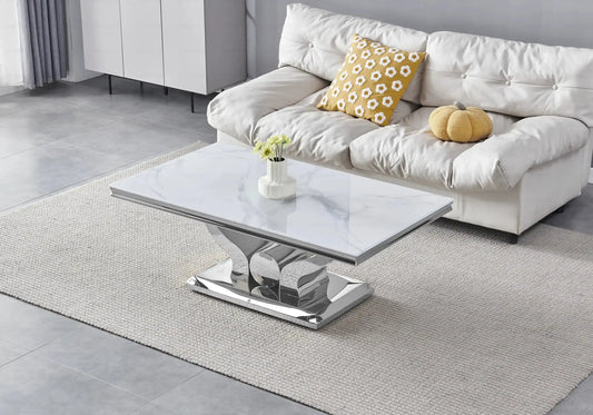 Table basse marbre blanc pieds métal argent NEA New Design