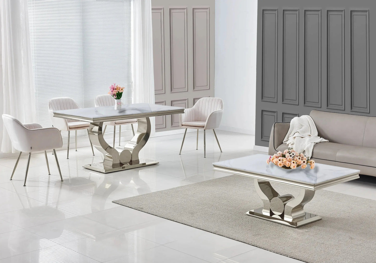 Table basse marbre blanc pieds métal argent NEA New Design